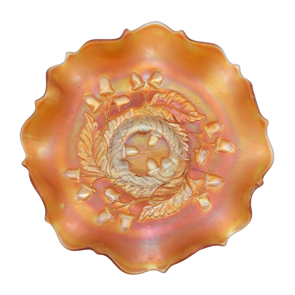 1920s Fenton Acorn Marigold Carnival Glass Footed Bowl w Crimped Rim Pattern 834